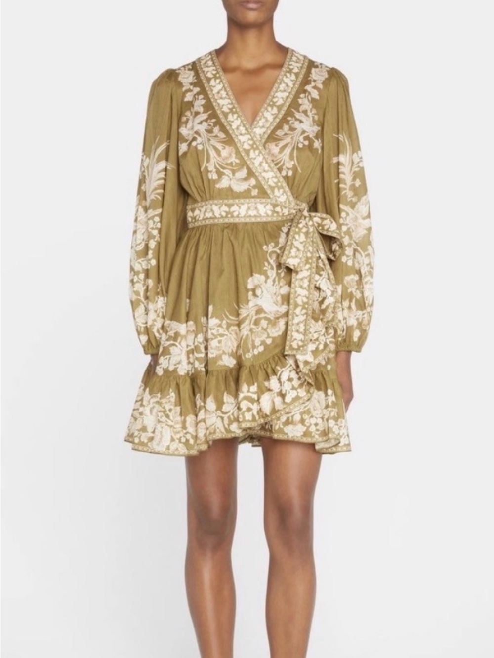 Zimmermann Anneke Olive Embroidered Wrap Mini Dress